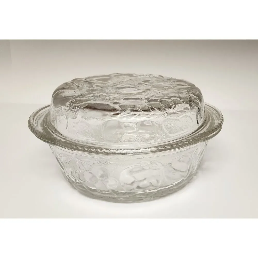 Libbey Orchard Fruit Clear Glass 3Qt Round Casserole Baking Dish & Pie Plate Lid